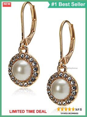 White Pearl Halo Drop Earrings Lever Back